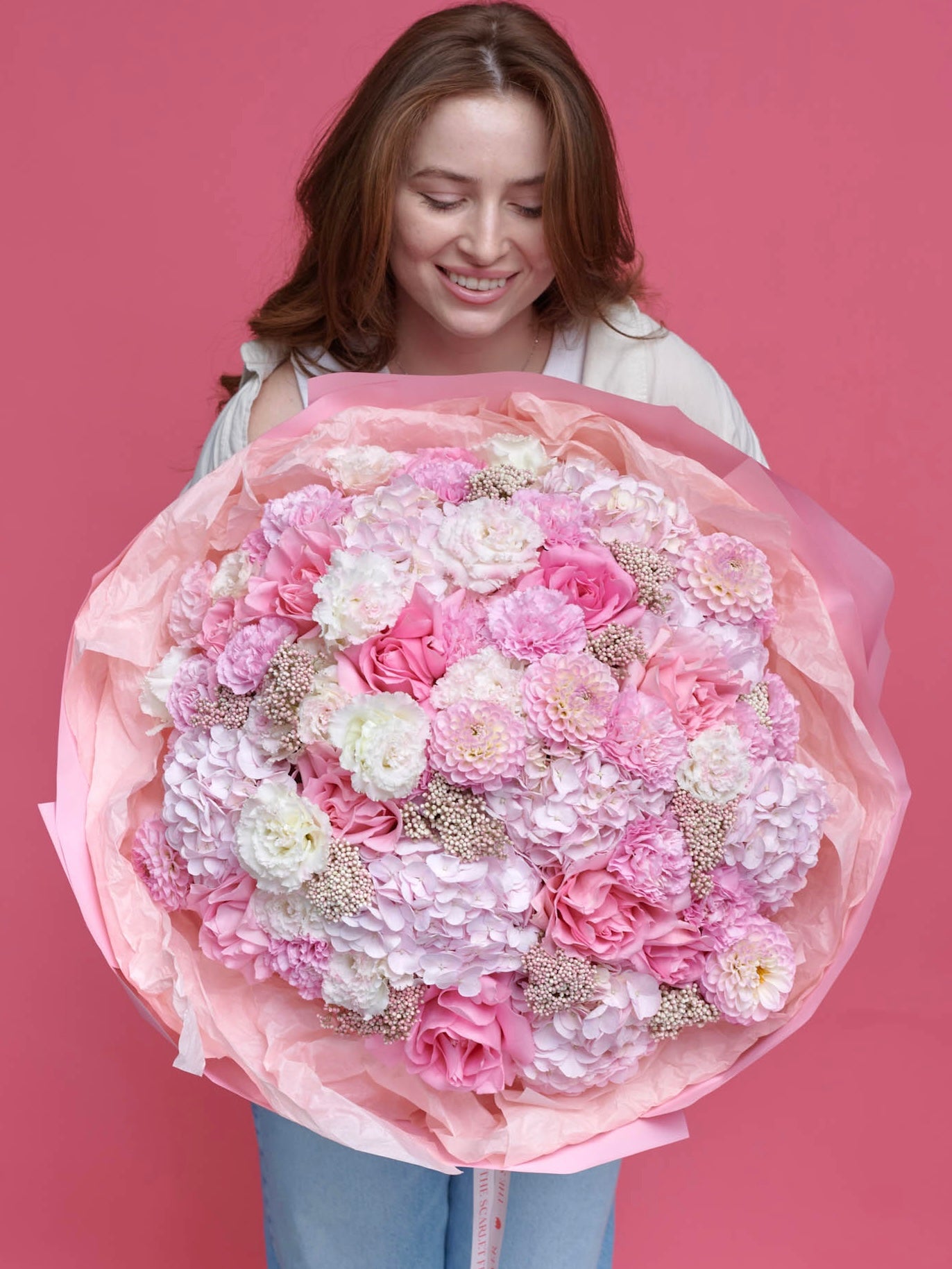 All the Pinks - a bouquet of hydrangeas, dahlias, lisianthus, and roses