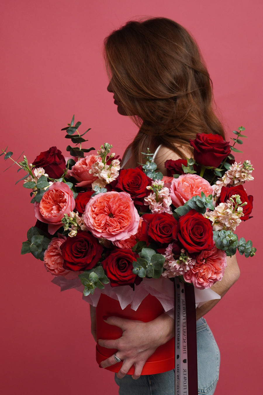 Flower Box - Scarlet Crush - red and pink peony Roses