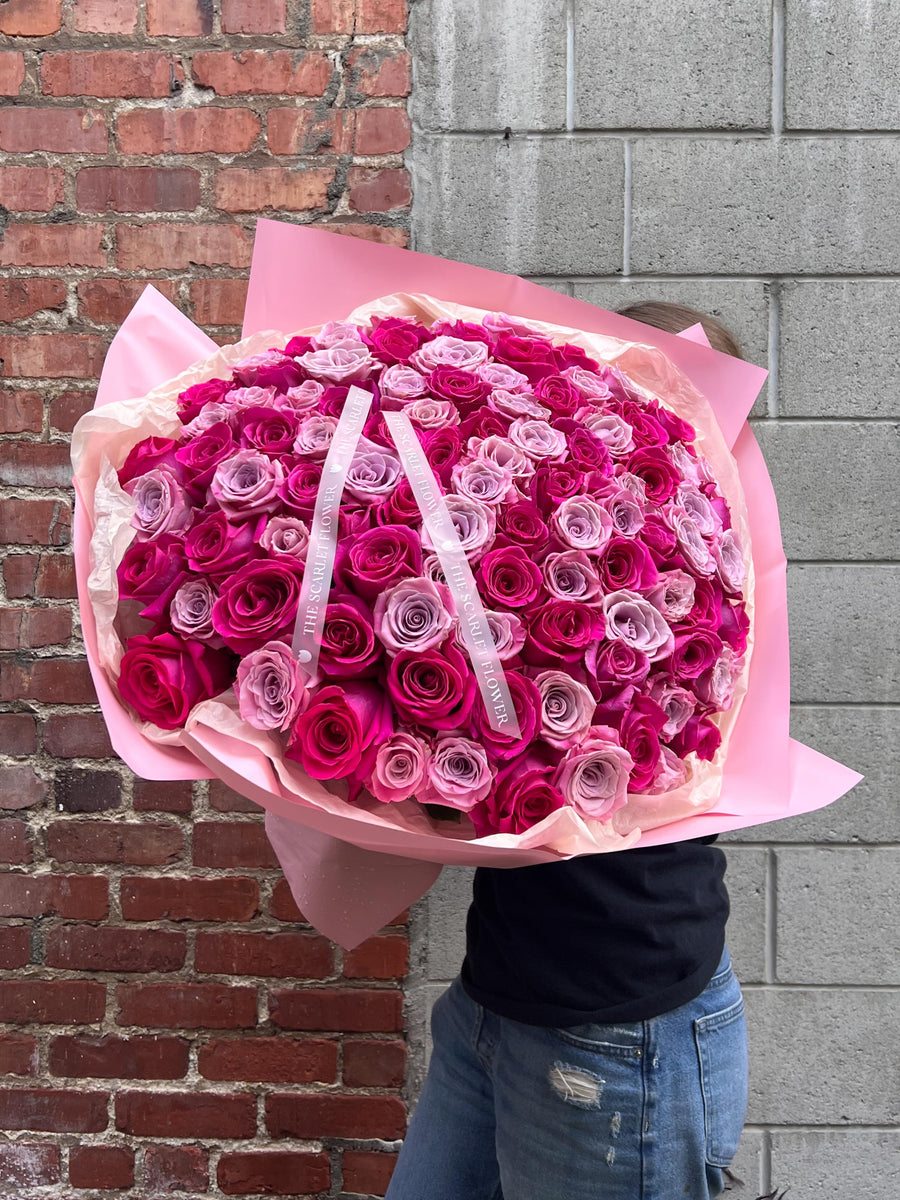100 assorted pink roses, fresh-cut bouquet, same-day delivery