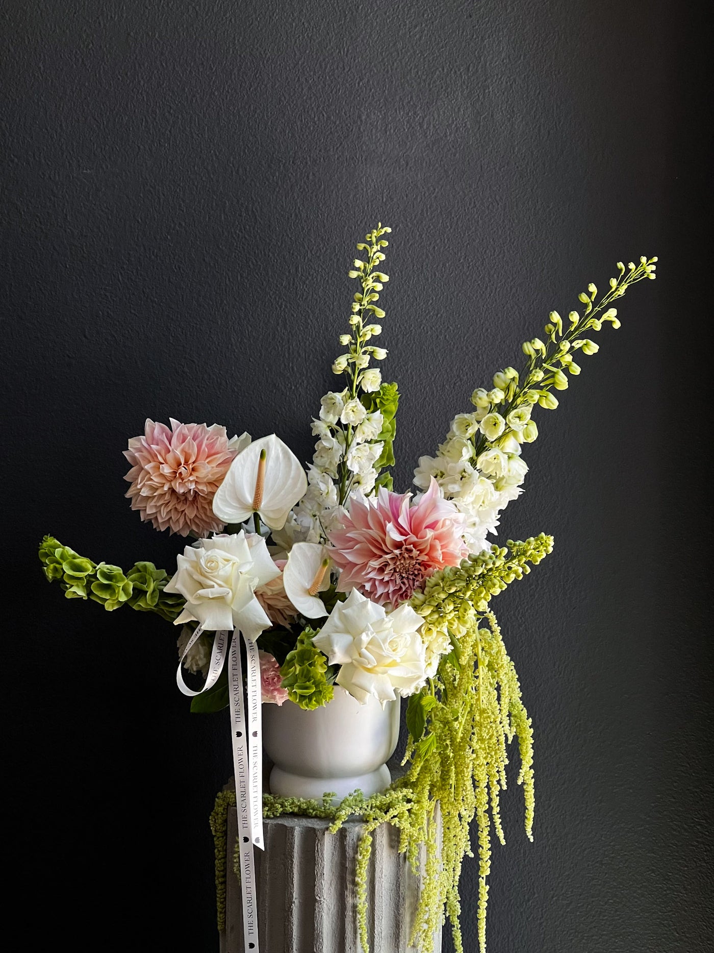 Vase - Skyfall - dahlias, anthuriums, roses, bells of Ireland