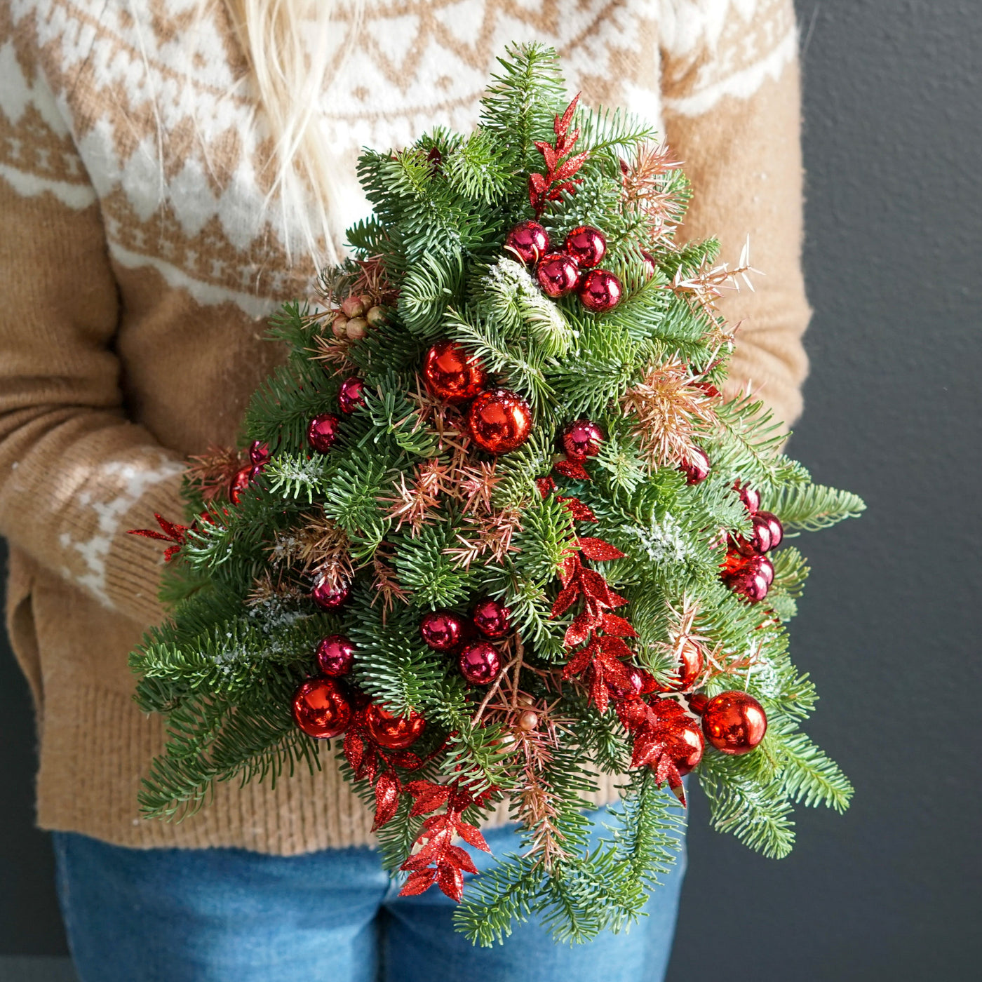 Christmas Tree - Crimson - Noble Fir, ornaments