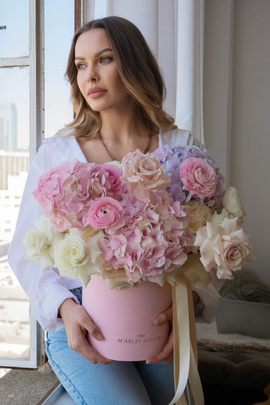 Flower Box Pink Blooms - ranunculuses, hydrangeas, roses