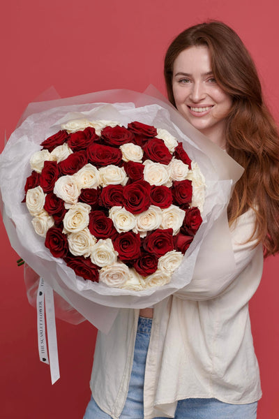 Red and White Roses Bouquet - Same Day Delivery