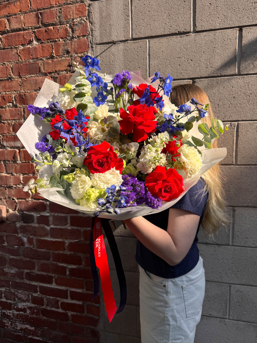Bouquet - July Crush - roses, delphinium, hydrangeas