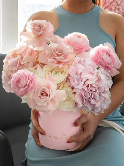 Flower Box Pink Blooms - ranunculuses, hydrangeas, roses