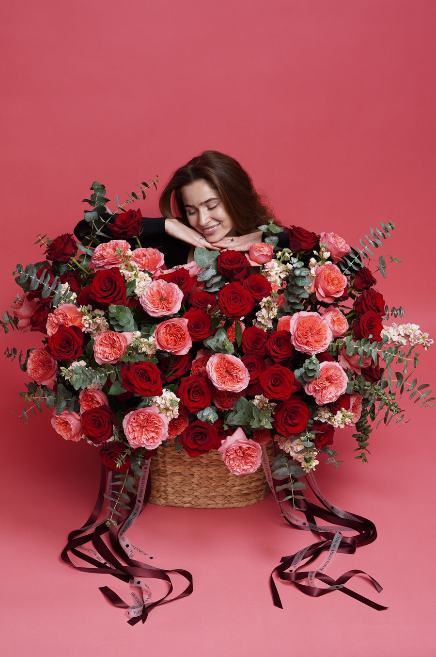 Basket - Heartbeat - garden roses, stock, eucalyptus