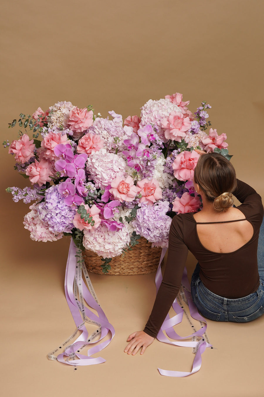 Basket - Blush Meadow - French roses, orchids, hydrangeas