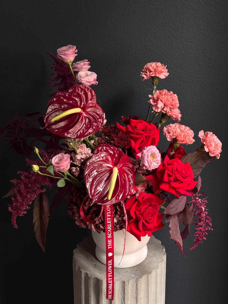 Vase - Burgundy Ode - Anthuriums, Roses, lisianthus