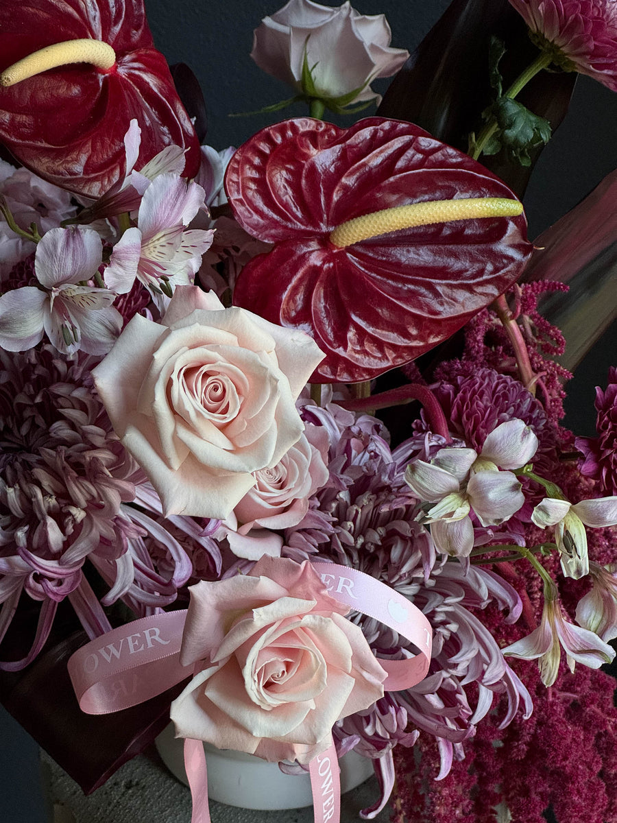 Vase - Mulberry Ode - Anthurium, amaranth, roses