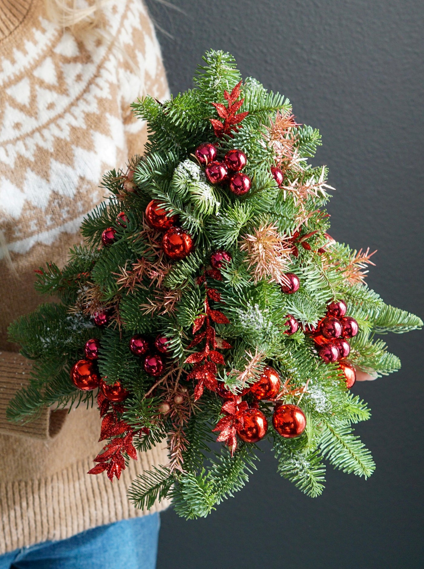 Christmas Tree - Crimson - Noble Fir, ornaments