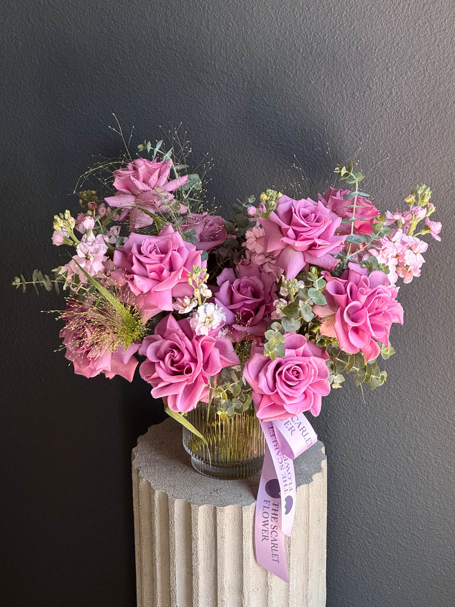Vase - Dusty Plum - Roses, Stocks, eucalyptus