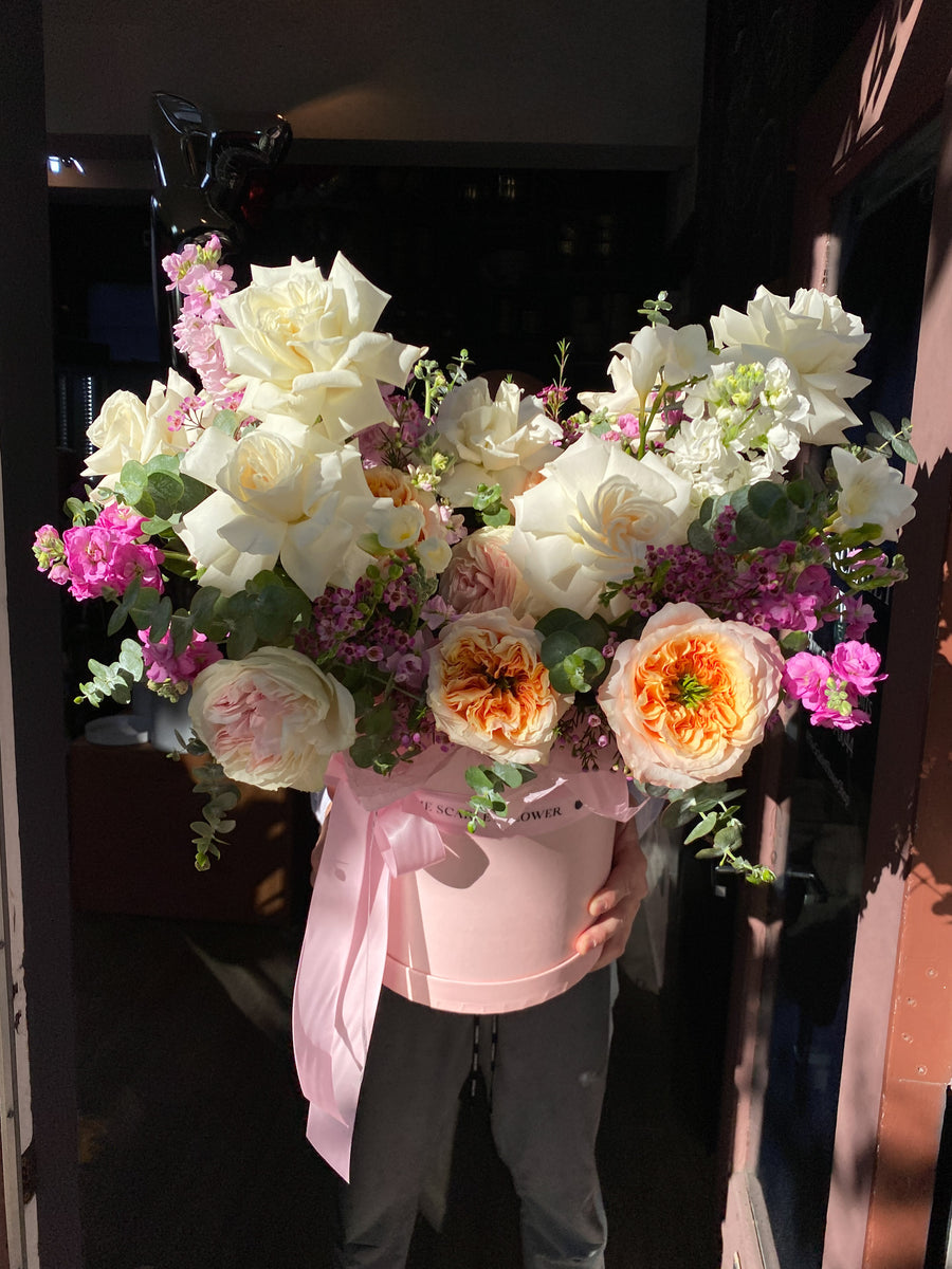 Flower Box - Serenity- garden Roses, stock, eucalyptus