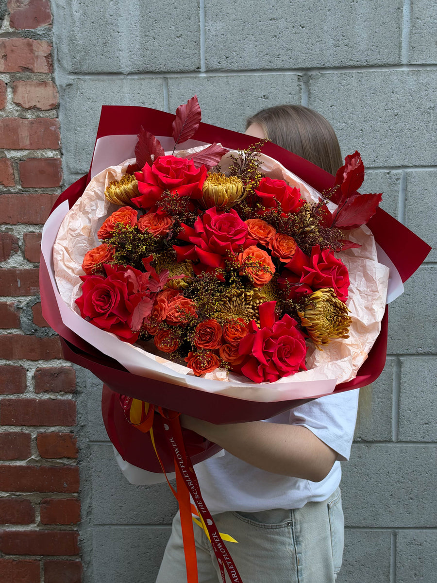 Bouquet - Crimson Fall - Roses, mums, solidago