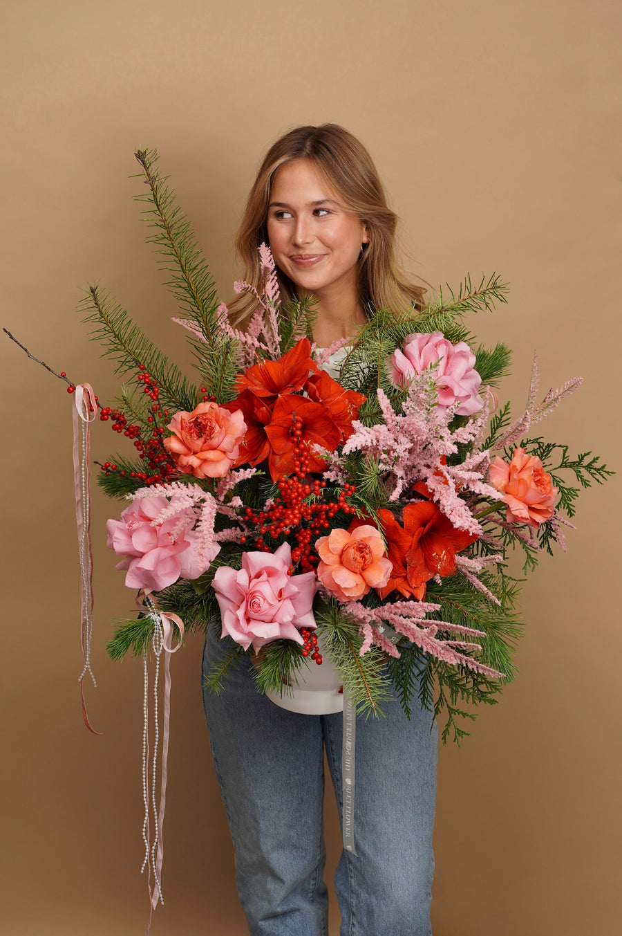 Vase - Winter Glow - Ilex, roses, holiday greens