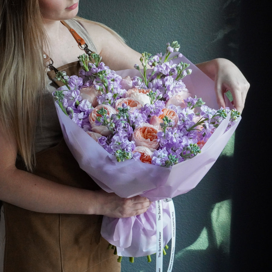 Bouquet Eyecandy - garden rose Juliet, lavender stock
