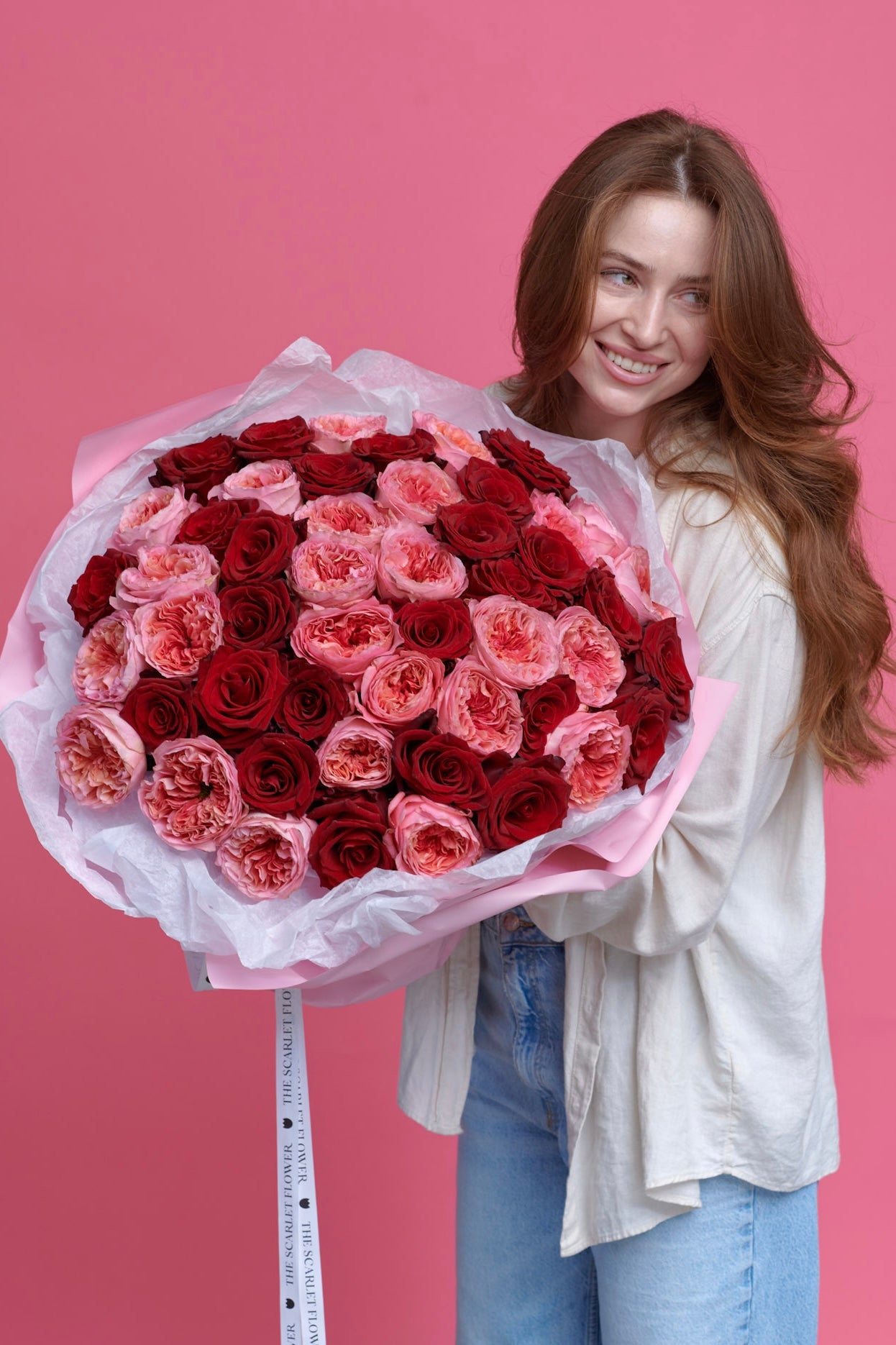 Bouquet - Scarlet Kiss - red and pink peony roses