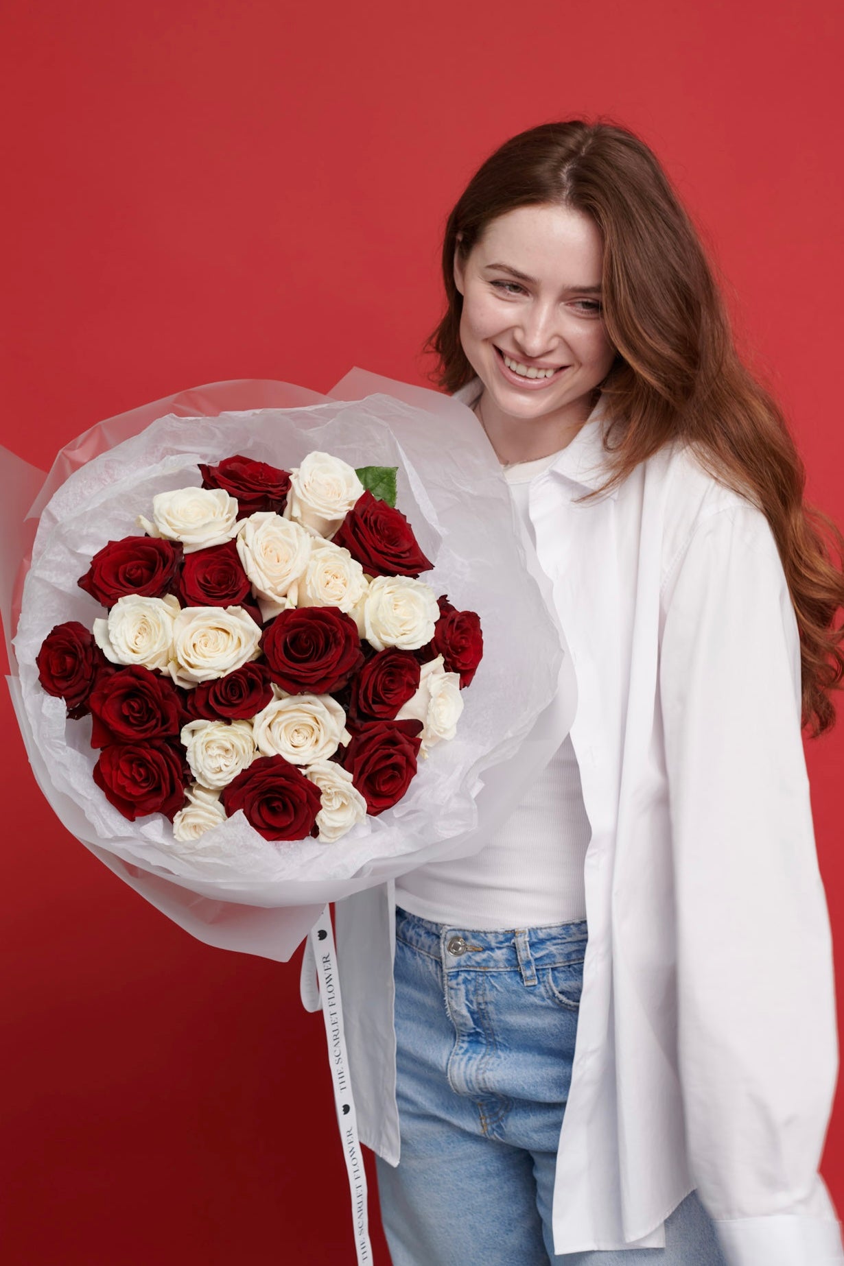 Red and White Roses Bouquet - Same Day Delivery