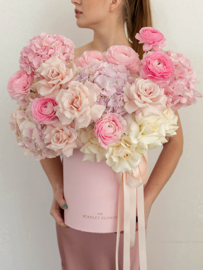 Flower Box Pink Blooms - ranunculuses, hydrangeas, roses
