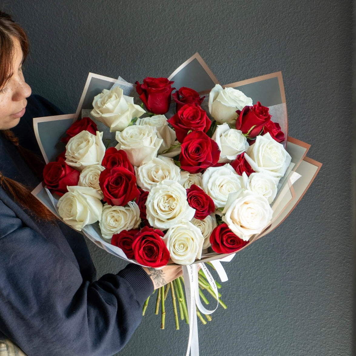 Red & White - classic arrangement bouquet dozen red and white roses