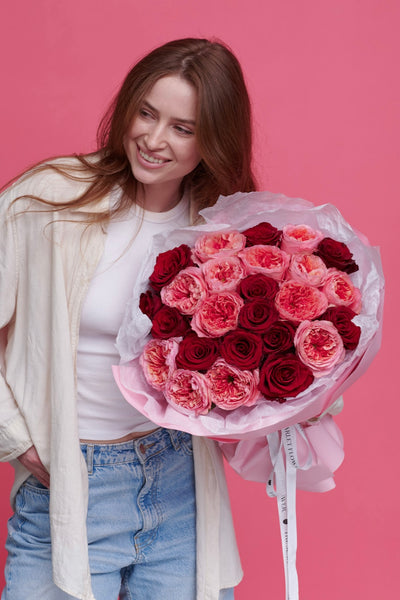 Bouquet - Scarlet Kiss - red and pink peony roses