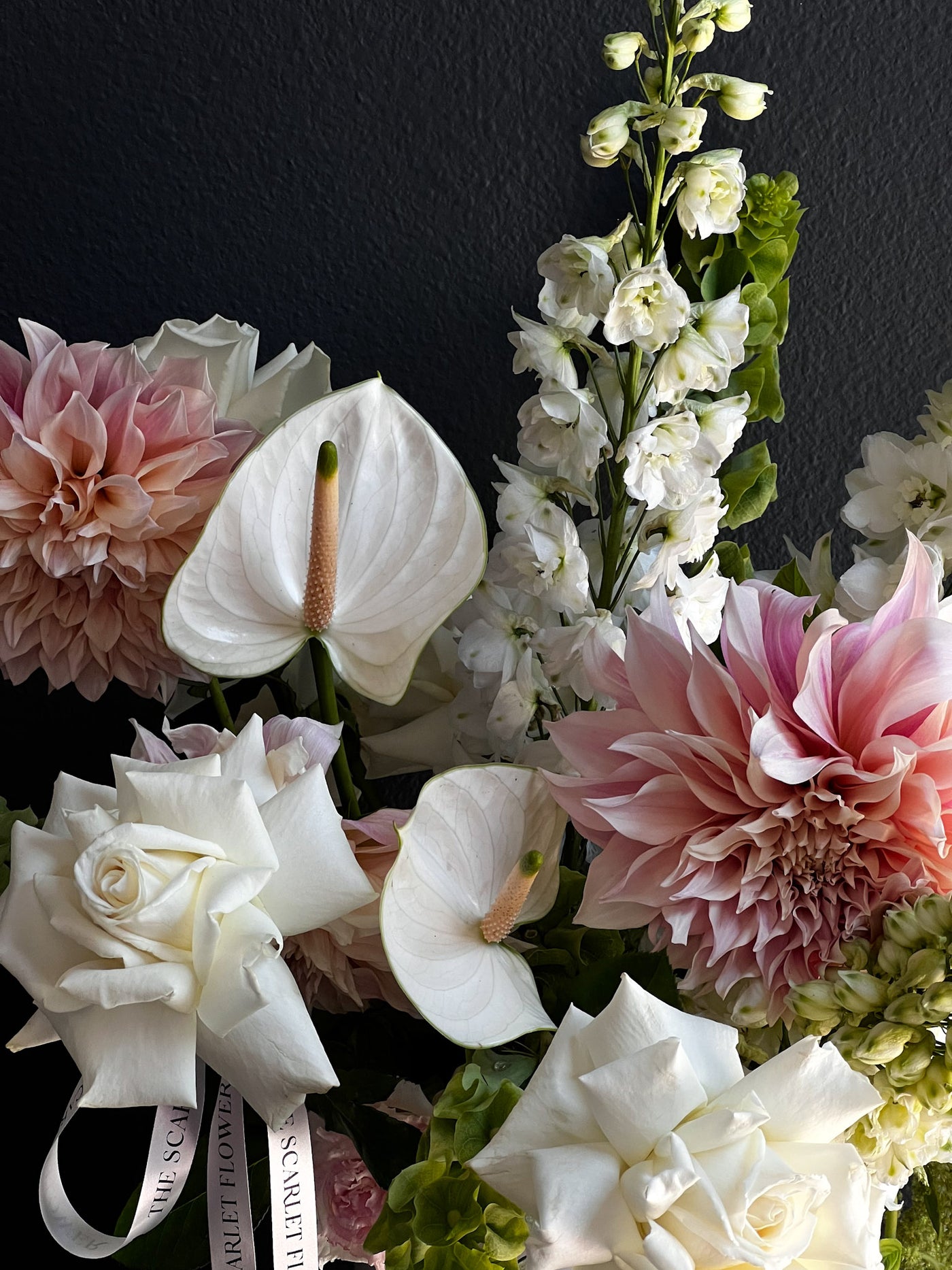 Vase - Skyfall - dahlias, anthuriums, roses, bells of Ireland