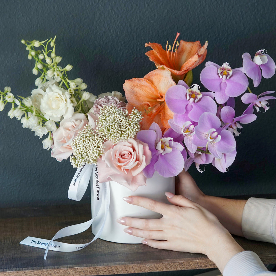 Vase arrangement Persephone - orchids, roses, delphiniums, amaryllises
