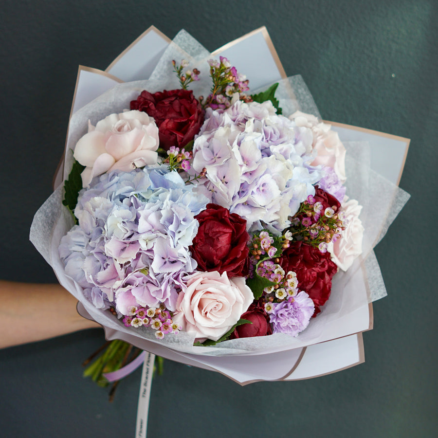 Bouquet Magenta - red peonies, Milky Way hydrangeas