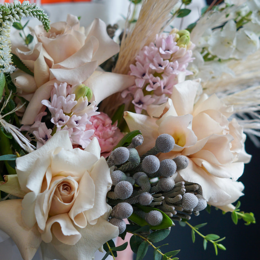 Vase arrangement Boho - roses, hyacinths, pampas